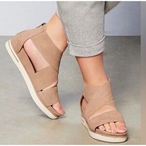 Eileen Fisher Beige Suede Leather Wedge Zipper Ankle Boot Sandals Women Size 7.5